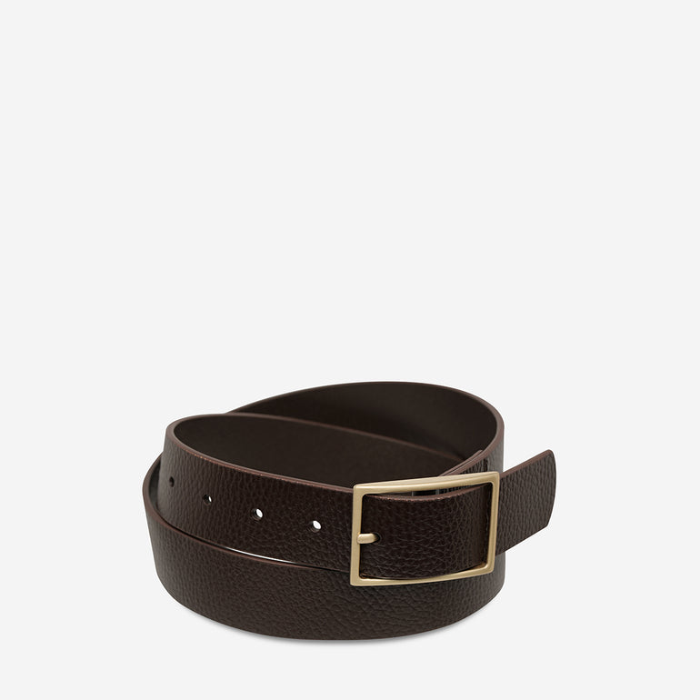 Status Anxiety Getting Real Unisex Leather Belt Choc/Gold