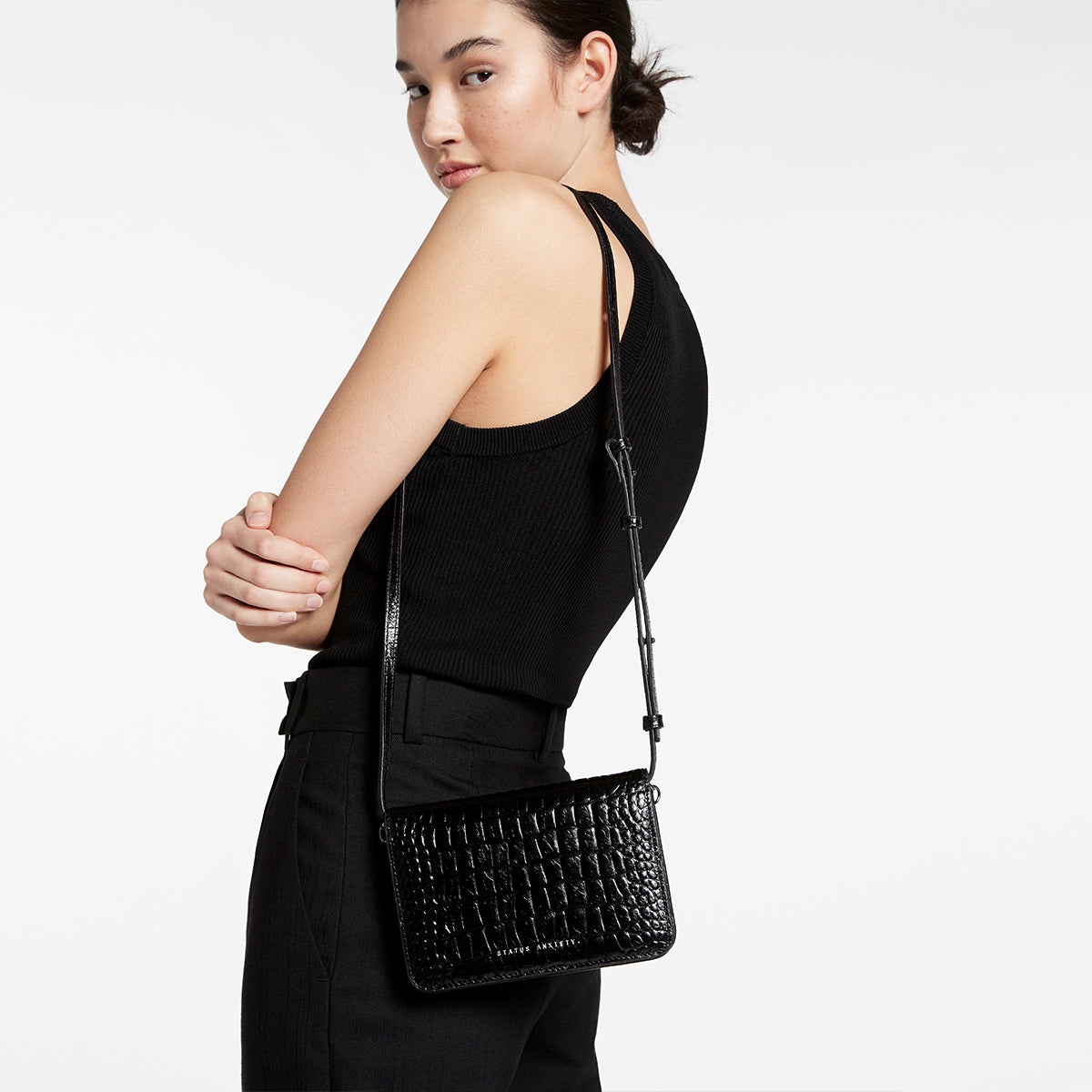 She Burns Women s Black Croc Crossbody Bag Status Anxiety