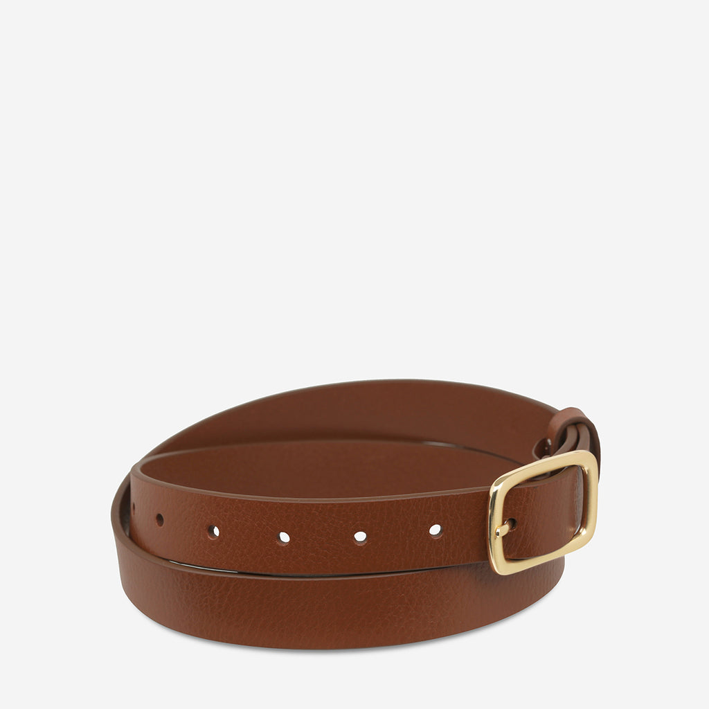 Nobody's Fault Women's Tan/Gold Leather Belt | Status Anxiety®